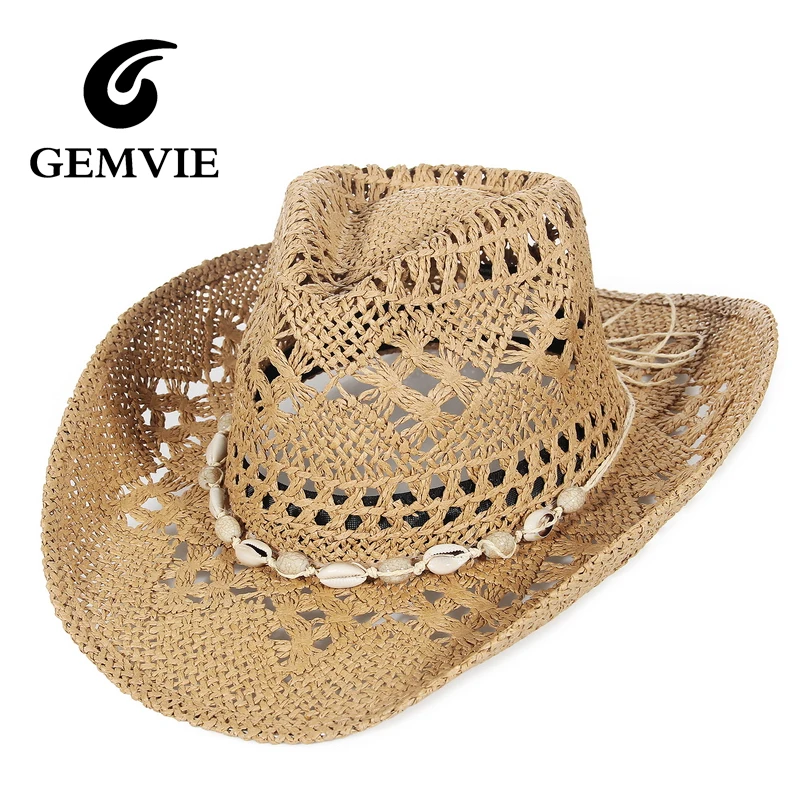

GEMVIE Fashion Women Summer Hollow Out Straw Sun Hat Outdoor Summer Beach Hat for Men Cowboy Hats