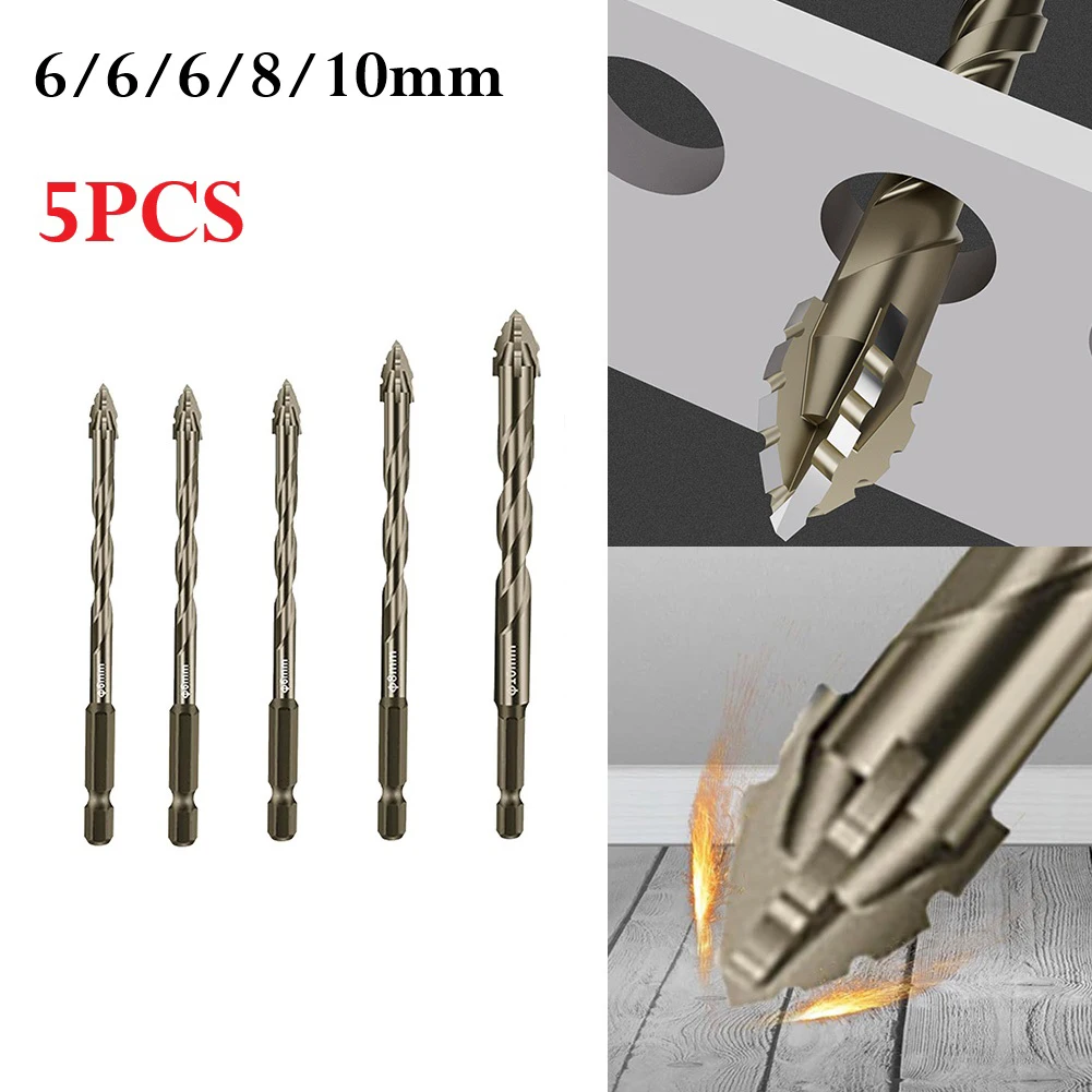 5pcs 4 For Edge Eccentric Drill Bits Set Hex Shank Carbide Tip For Concrete Glass Brick For Tile Wood Masonry Drilling Tools