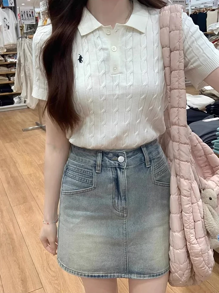 

Юбка А-силуэта с высокой талией для женщин, летняя, для повседневной носки, износостойкая, однотонная, джинсовая, короткая, с эффектом похудения