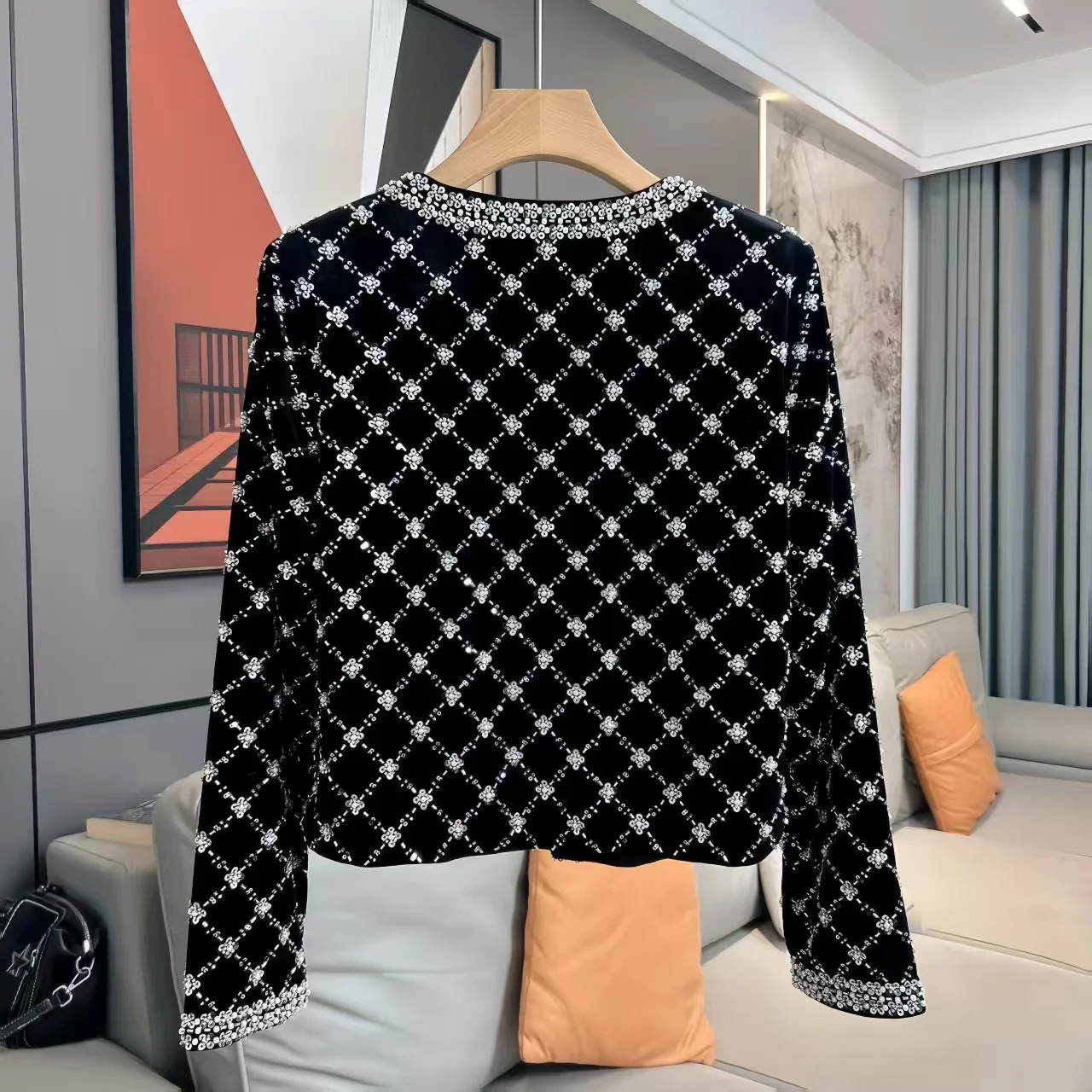 Luxury Sequin Nail Bead Grid Diamond Flower Short Jacket Long Sleeved Autumn Winter Fashion Women's Elegant Party Coat