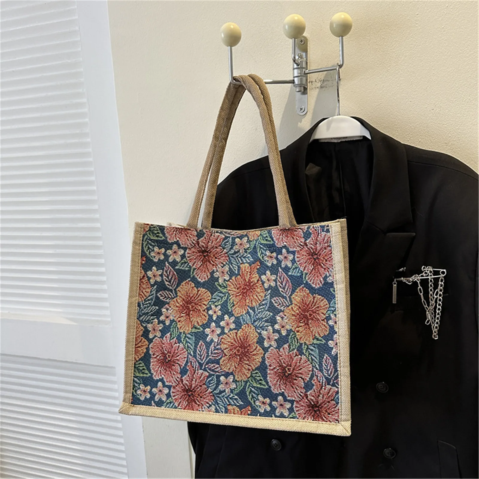 Vintage Women Handbag Linen Flower Print Tote Bag Large-capacity Handbag Casual Shoulder Bag Simple Eco Top Handle Shopping Bags