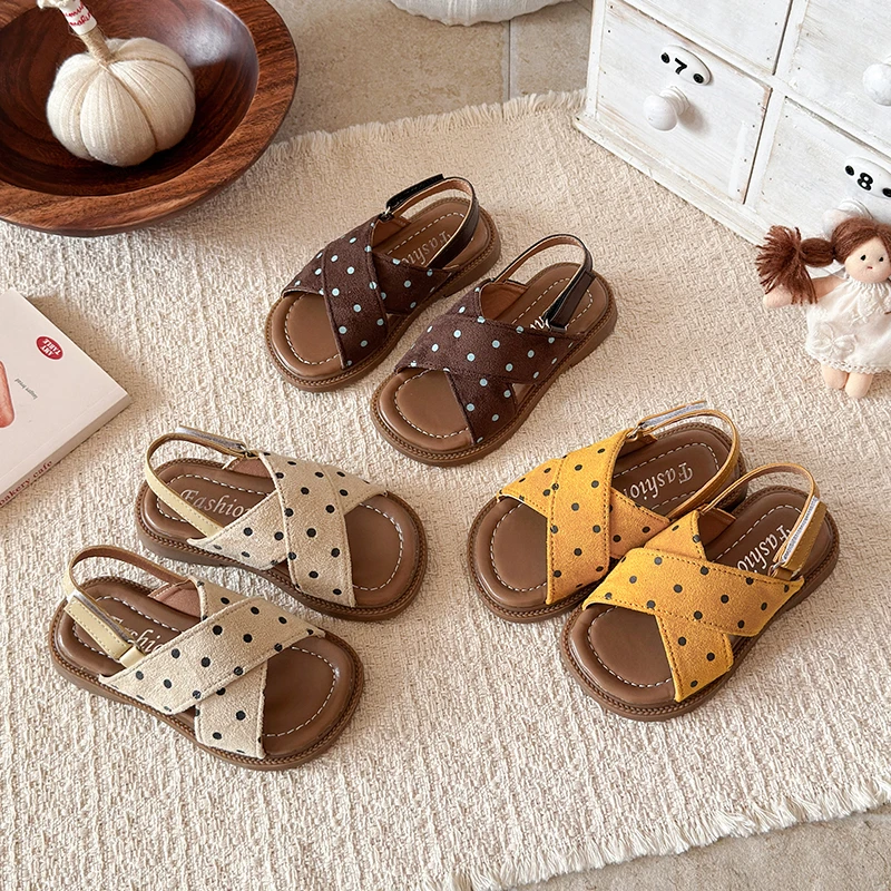 Summer Kids Polka Dot Cross Strap Sandals Trendy Girl's Open Toe Flat Sandal Non-slip Sole Comfy Toddler Children Shoes 22-31