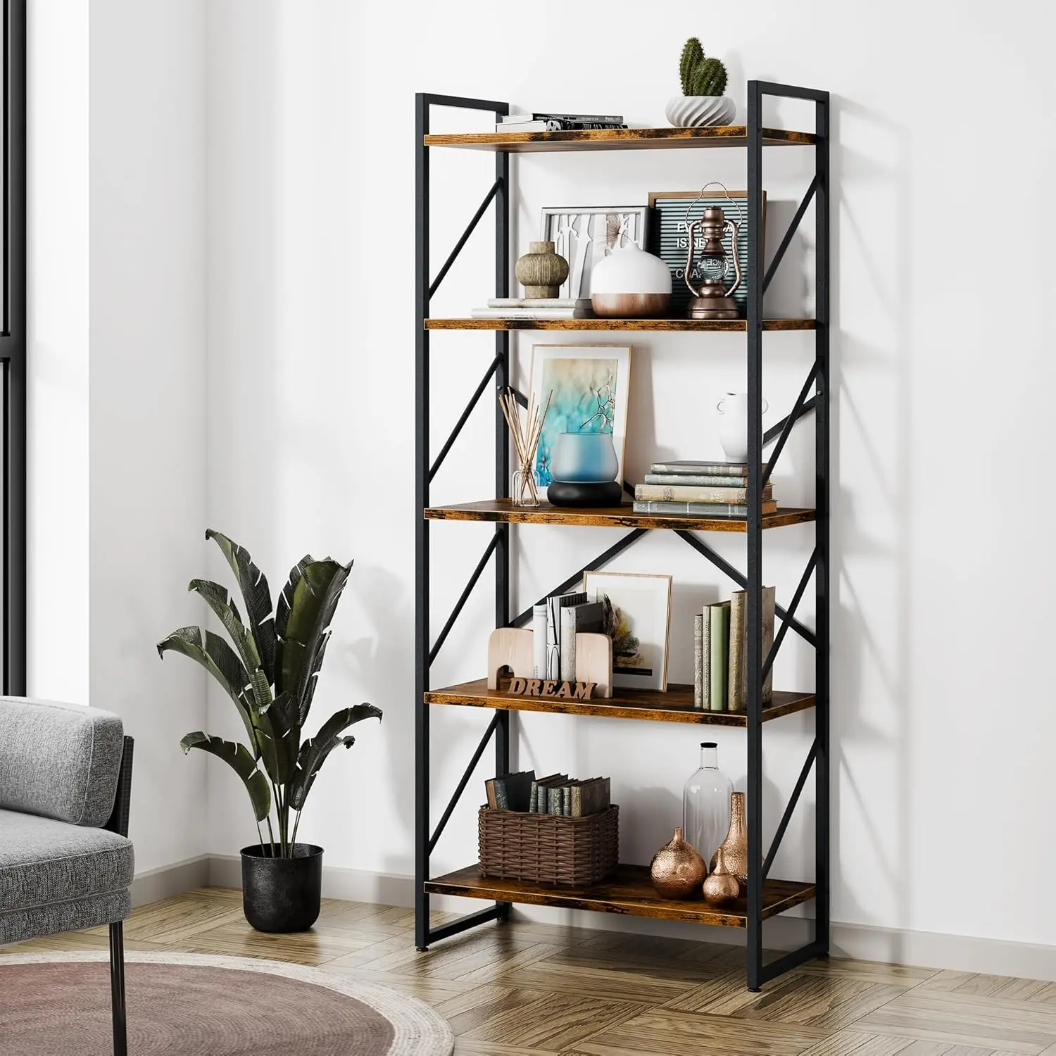 

5-Tier Tall Bookshelf, Industrial Style Storage Rack for Books & Movies, Rustic Brown, Modern Shelf for Bedroom, Living Room