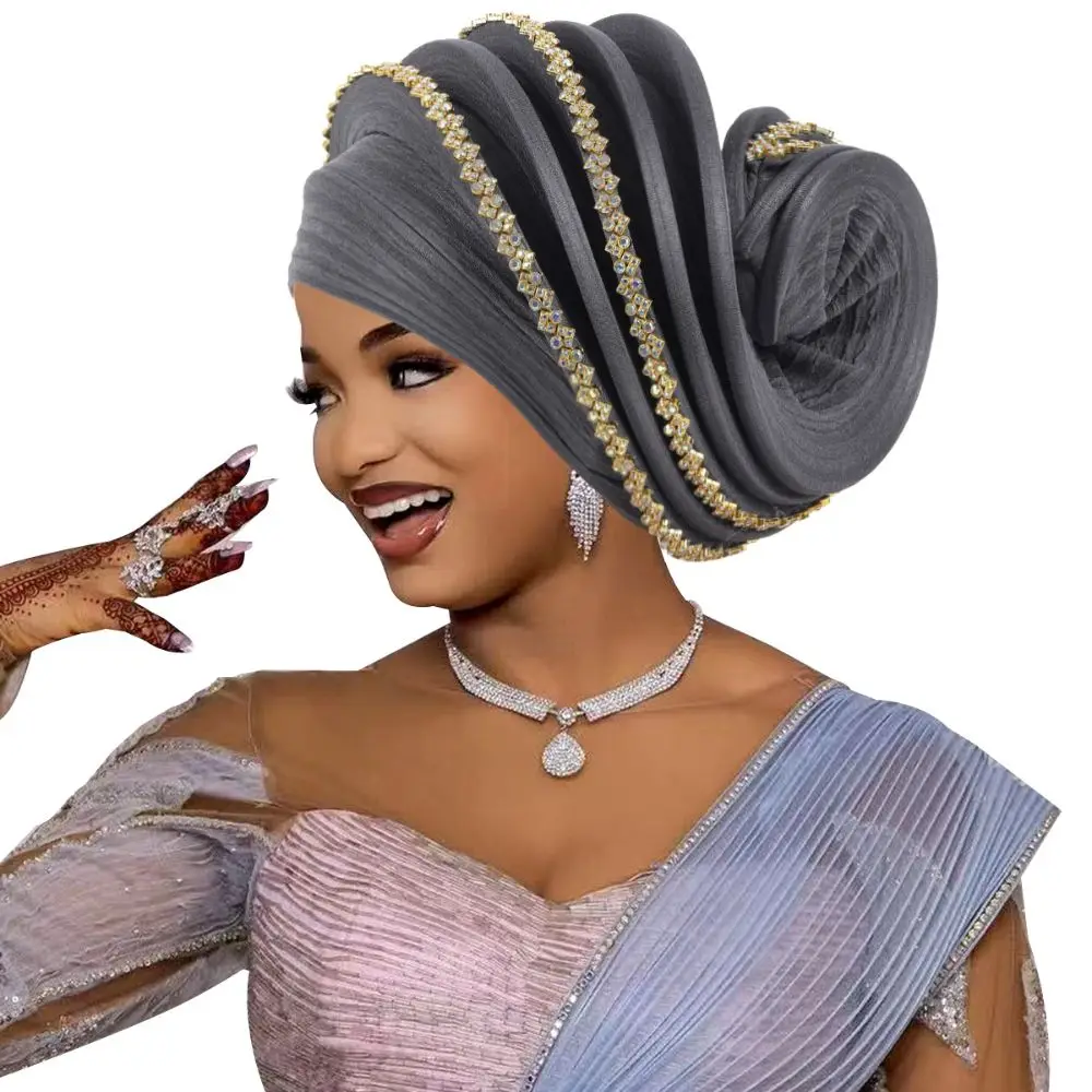 Elegant Rhinestone Decor Spiral Turban Sparkling Ethnic Pre-Tied Head Wrap African Turban Cap For Women Ladies