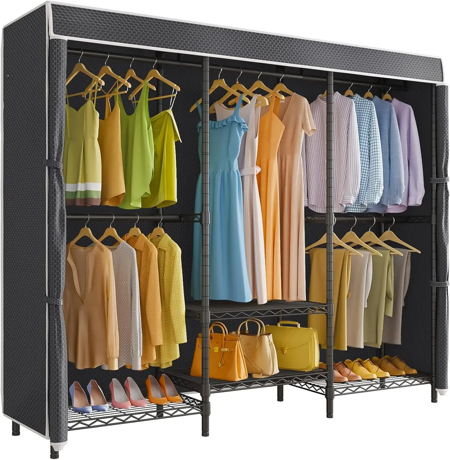 Garment Rack Wardrobe Closet, Heavy Duty Clothes Rack with Adjustable Shelves and Black Upgraded Polyester Cover