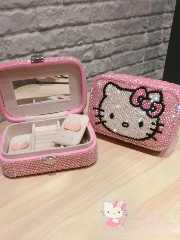 New Kawaii Productos Hello Kitty Full Diamond Handmade Jewelry Box Princess Box Earrings Ring Storage Case Gift for Women Girls