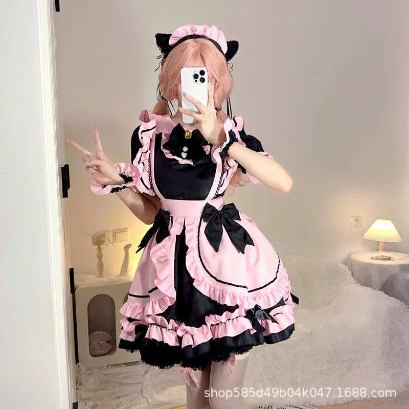 Robe Gothique Lolita JSK à Manches Courtes pour Fille, Tenue de Soirée Kawaii, avec Nministériels d, Cosplay Chats, Harajuku, Mignonne, Rose, à Volants, Noire