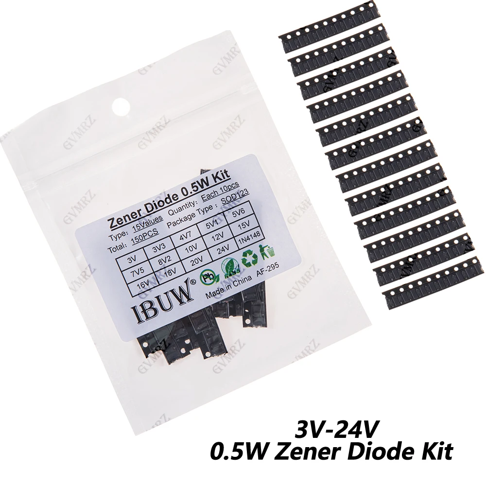 150PCS 15Values 0.5W Zener Diode Kit 3V-24V 1N4148 SOD123 for Voltage Regulation Projects 3V3 4V7 5V1 5V6 7V5 8V2 12V 20V 24V