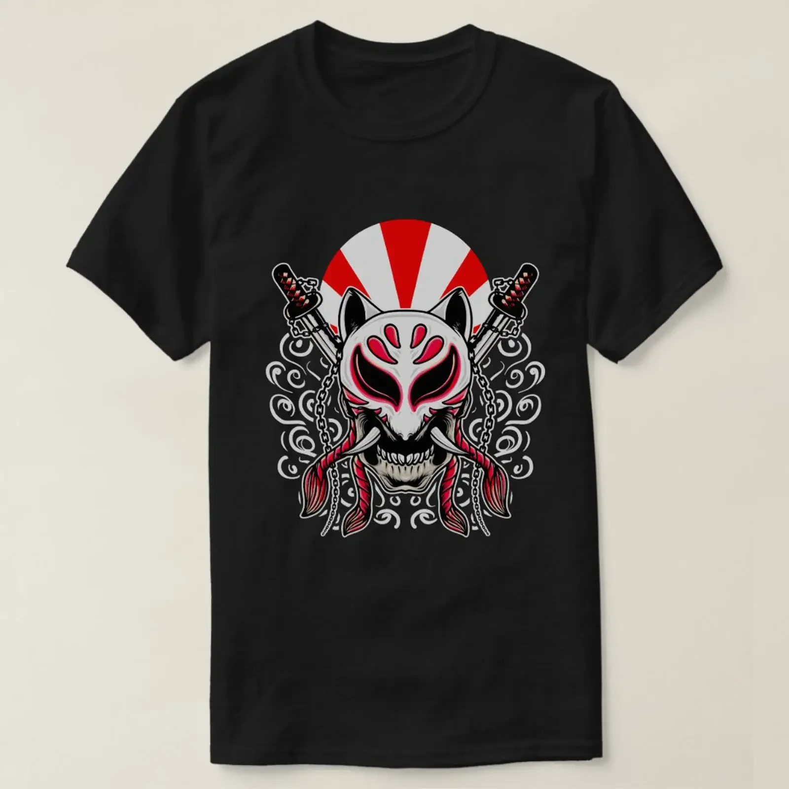 Kitsune Mask with Crossed Katanas T Shirt vintage Washed Comfortable Top For Everyday Wear Versatile Soft Unisex graphic Casual