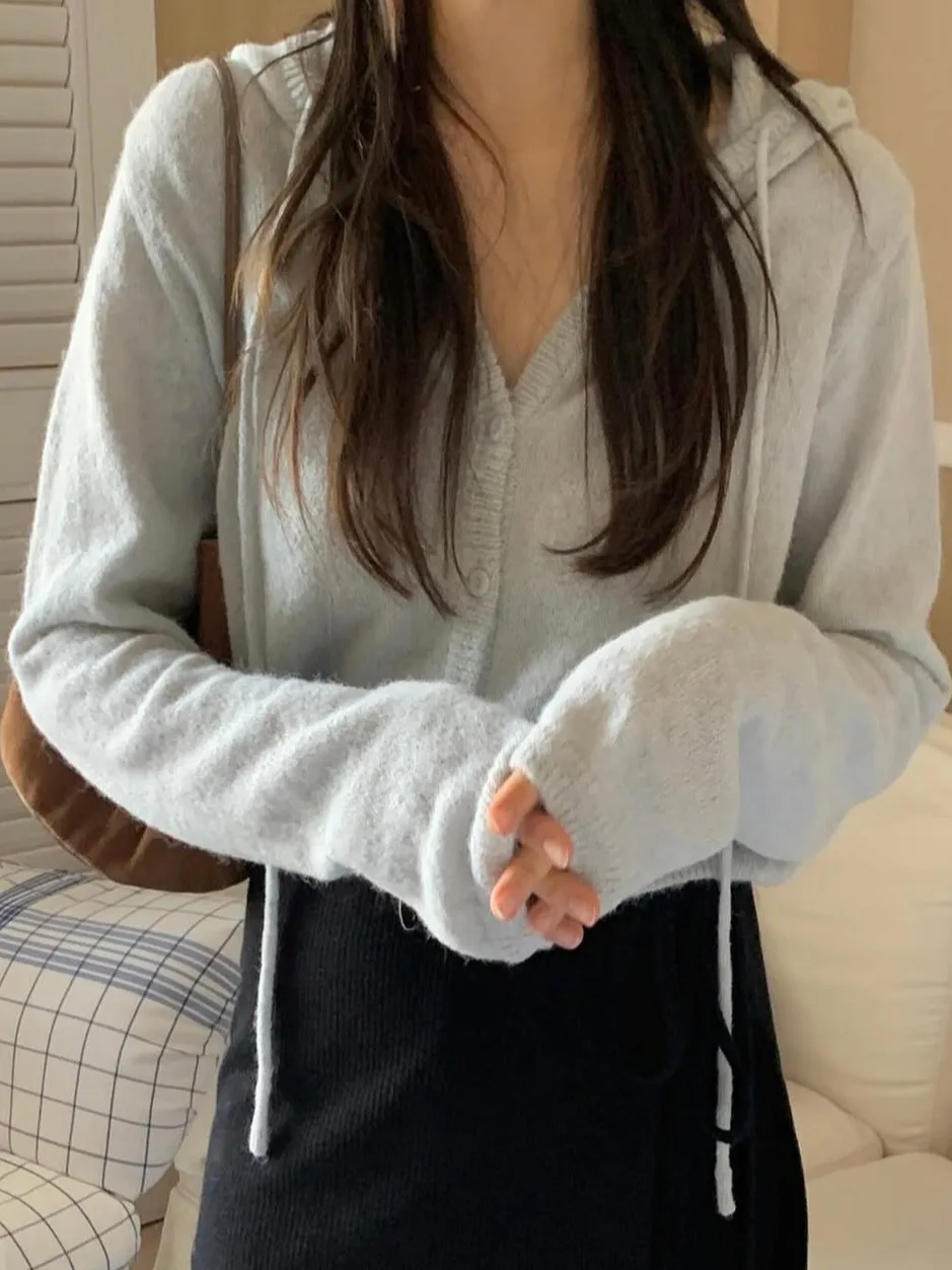 

Korean Sweet Hooded Knitted Cardigan Women Early Autumn New Sle ort Sve Long Sve Top Quali Single Button Ele ...