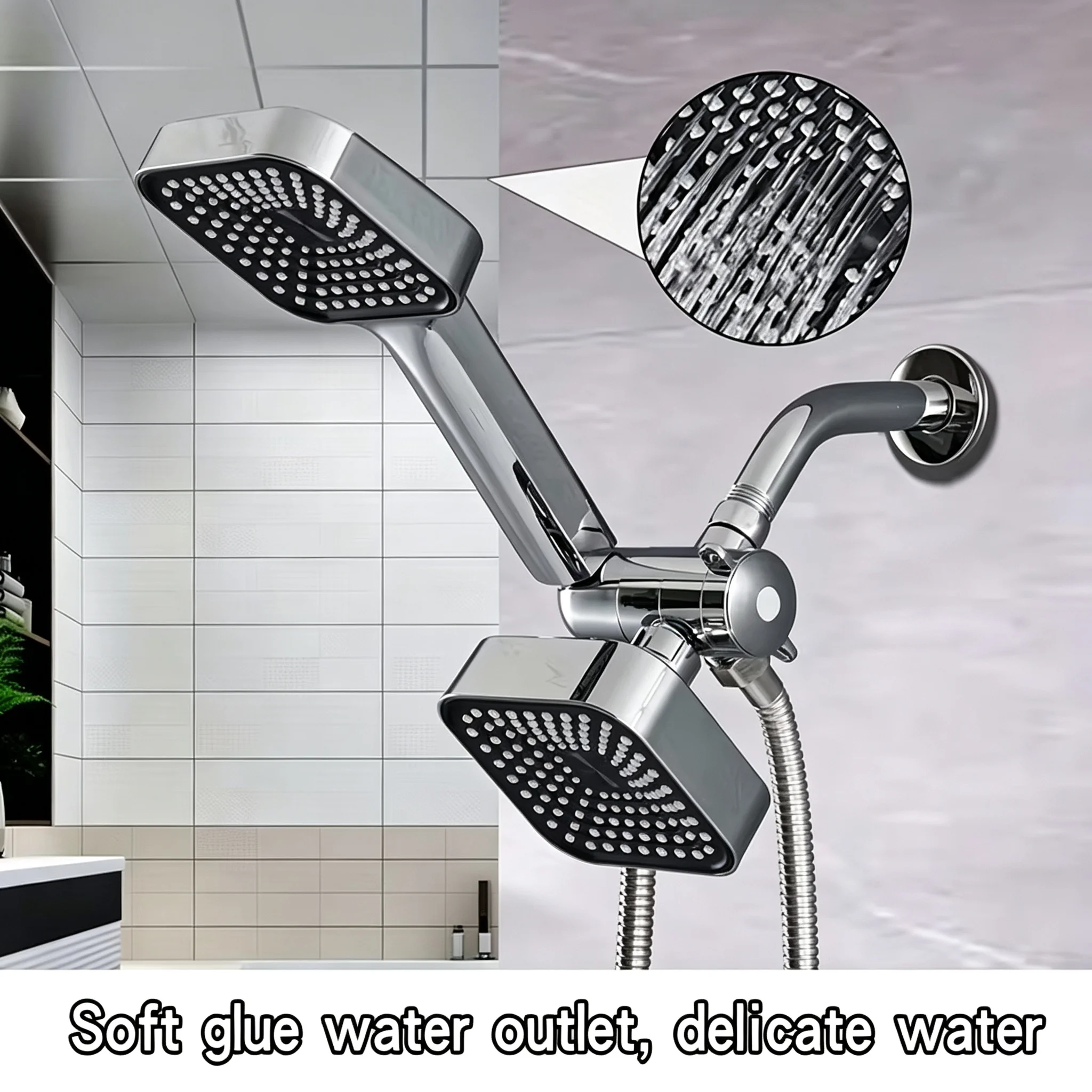 High Pressure Dual Square Shower Head System Wall Mount with Flexible Metal Hose Adjustable Angle Bracket Silicone Nozzles