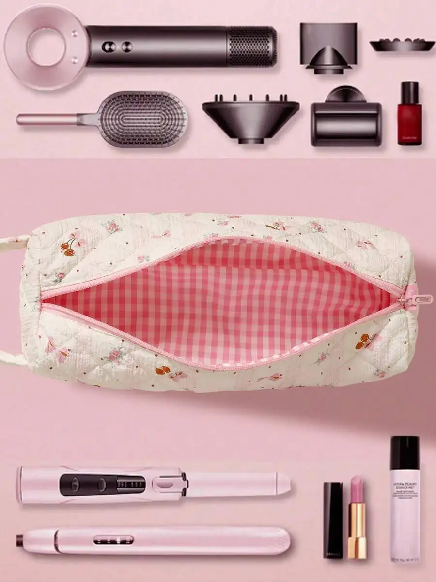 

Floral Quilted Hair Dryer Storage Bag With Zipper For Curling Iron Straightener Travel Organizer