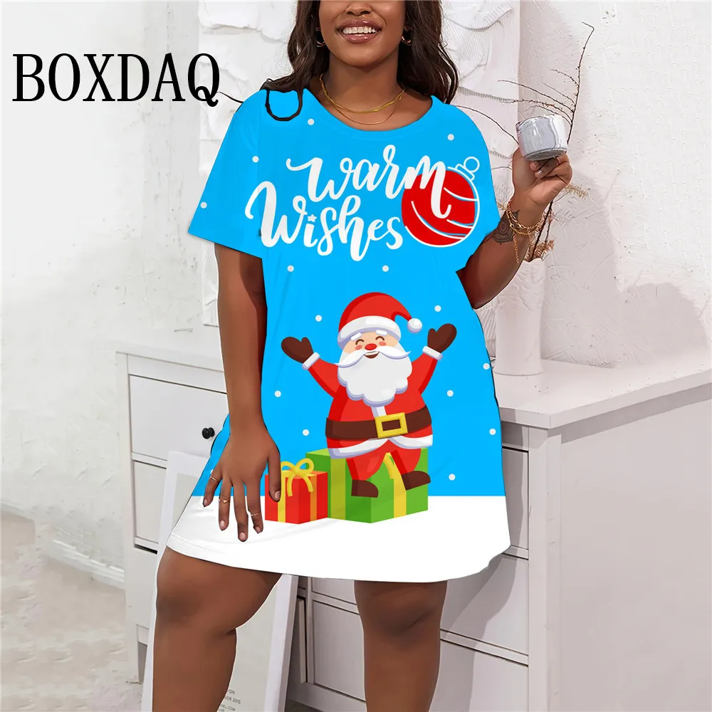 2024 New Women Christmas Dress Cute Cartoon Pattern 3D Printed Short Sleeve Loose Dress Plus Size Casual Oversized Clothing 9XL