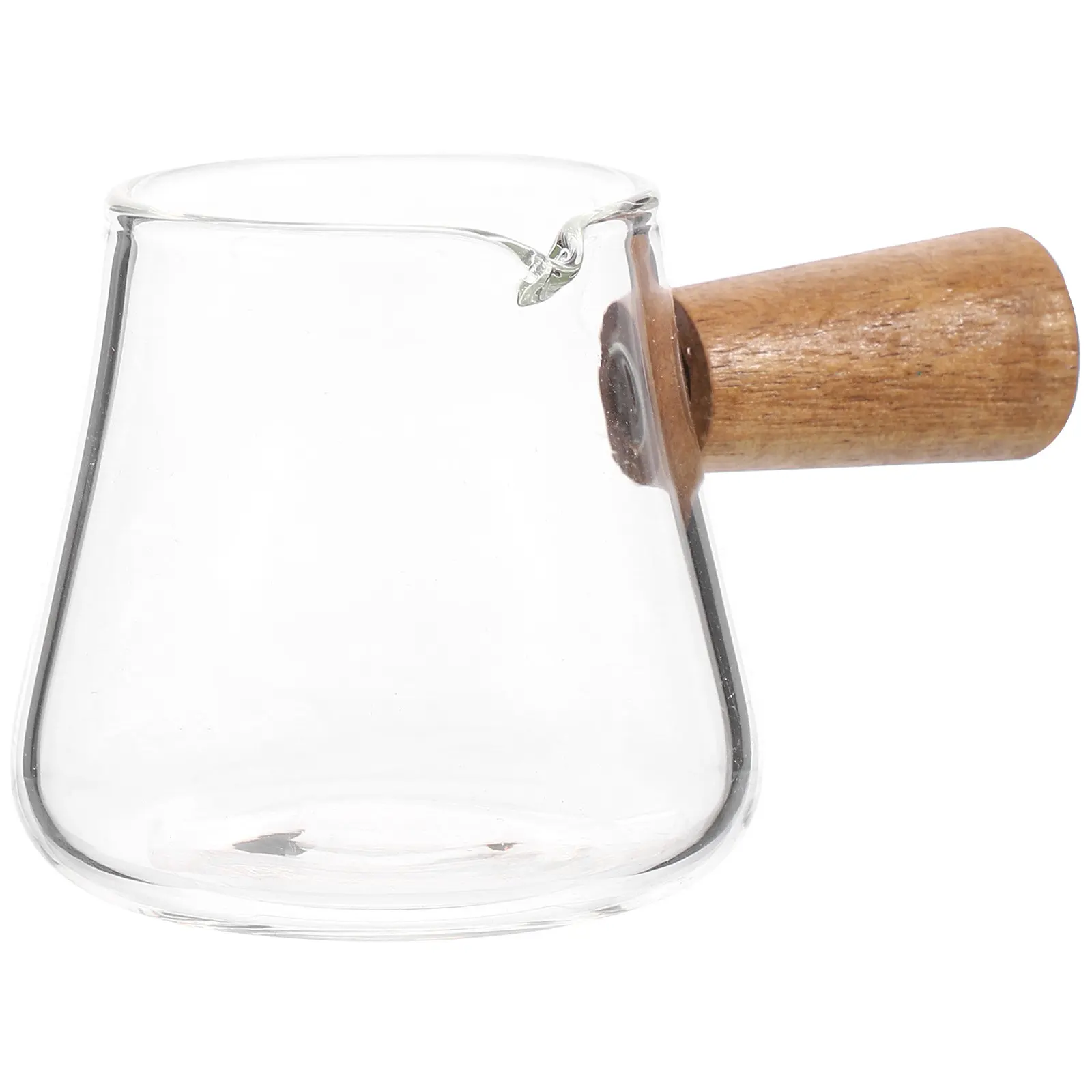Jarra de leche de vidrio con mango de madera, dispensador de crema grande, vertedor de café con boquilla sin goteo, diseño práctico, ideal para el hogar, cafeterías y uso diario.