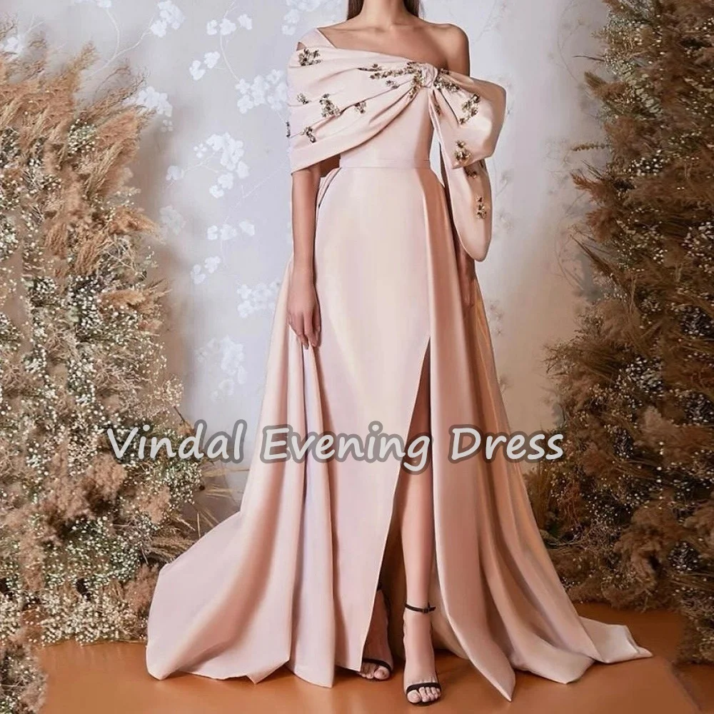 

Vindal Crepe A-line One-shoulder Neckline Pleats Beading Floor Length Simple Saudi Elegant Evening Party Dresses For Women 2025
