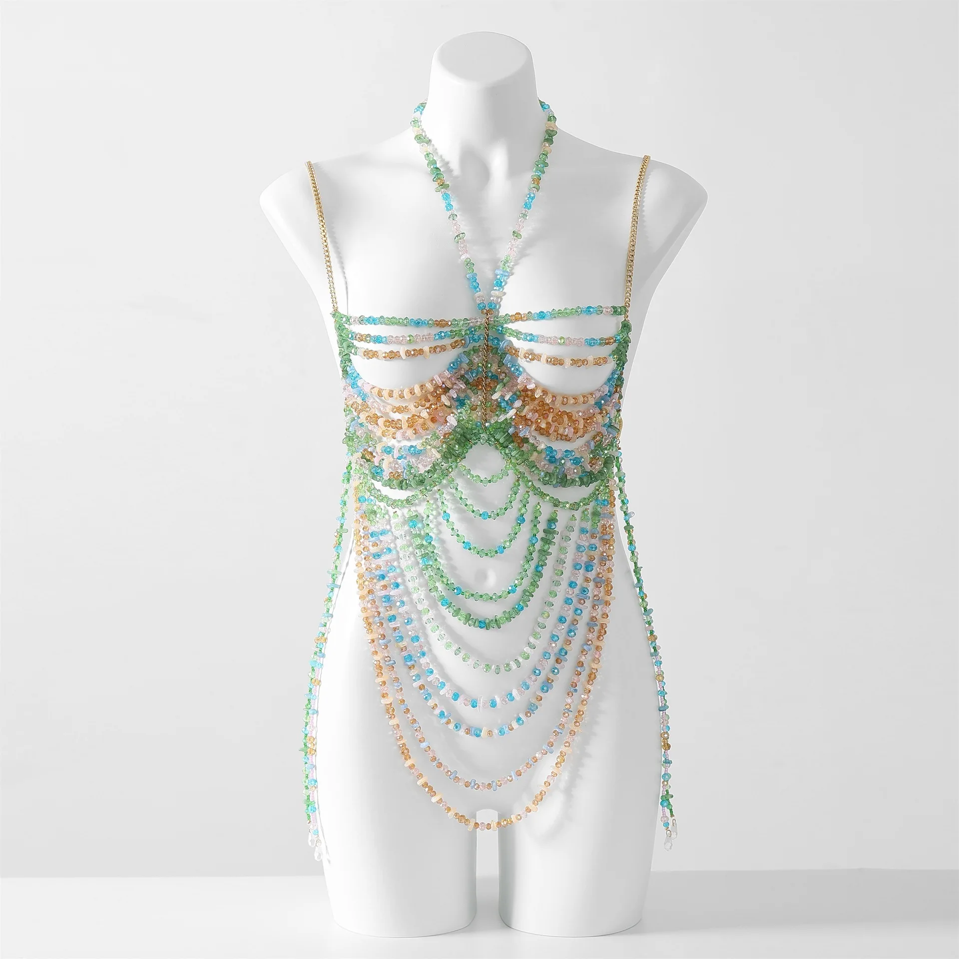 

Сексуальная цепочка на тело с открытой спиной, ручной работы, из бусин, для пляжа, плавания, концертов, сцены и т.д.