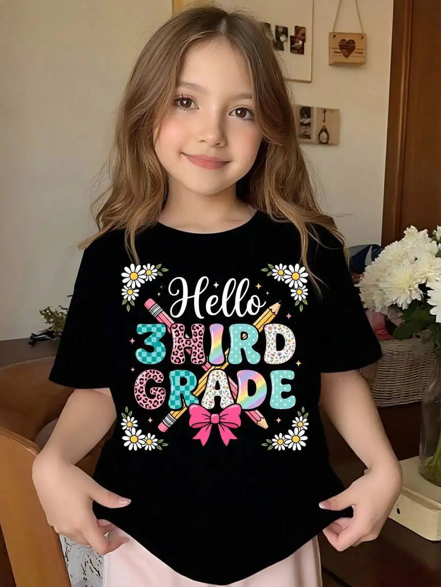 School Kids Hello 3rd Grade Daisy Pencil Bow Print Graphic Tee, Cute Black Cotton T-Shirt, Perfect Gift For First Day Of School