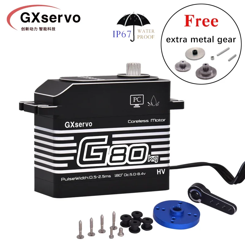 

GXservo 80KG Coreless Servo Large Torque High Voltage CNC Aluminium Shell Metal Gear 1/5 Scale Giant Servo for Large Models