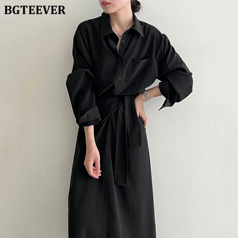 BGTEEVER automne élégant revers à manches longues femme chemise robe élégante taille mince simple boutonnage robe trapèze pour les femmes