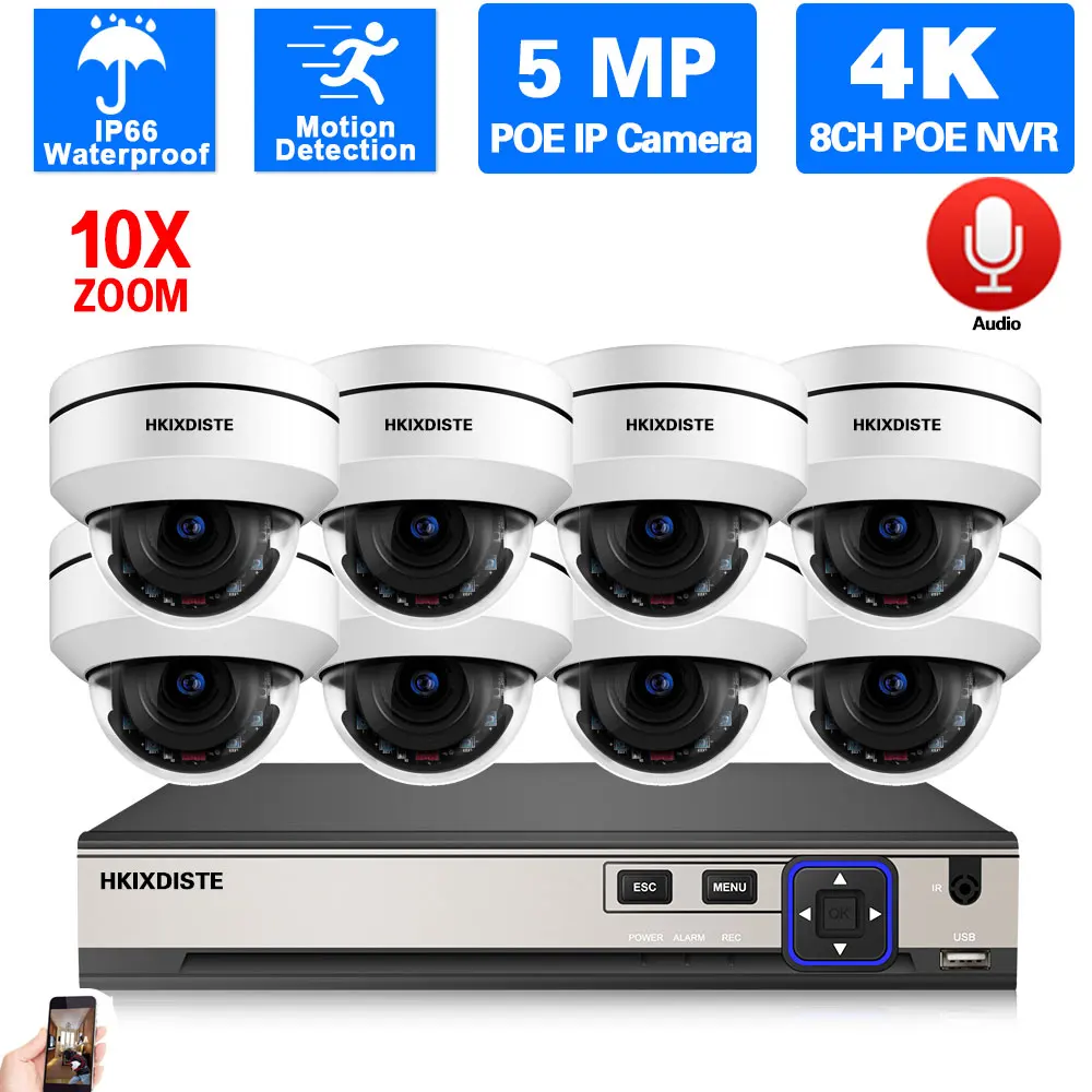 H.265 Face Detection 4K NVR POE 8CH with 5MP PTZ Camera Kit 10X Zoom Audio CCTV POE IP Dome Camera Video Surveillance System Kit