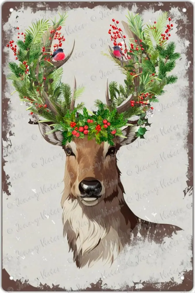 Zomyto Reindeer Winter Metal Signs Deer Vintage Tin Sign Christmas Holly Home Decor Cabin Wall Sign Decor Watercolor Rustic sign