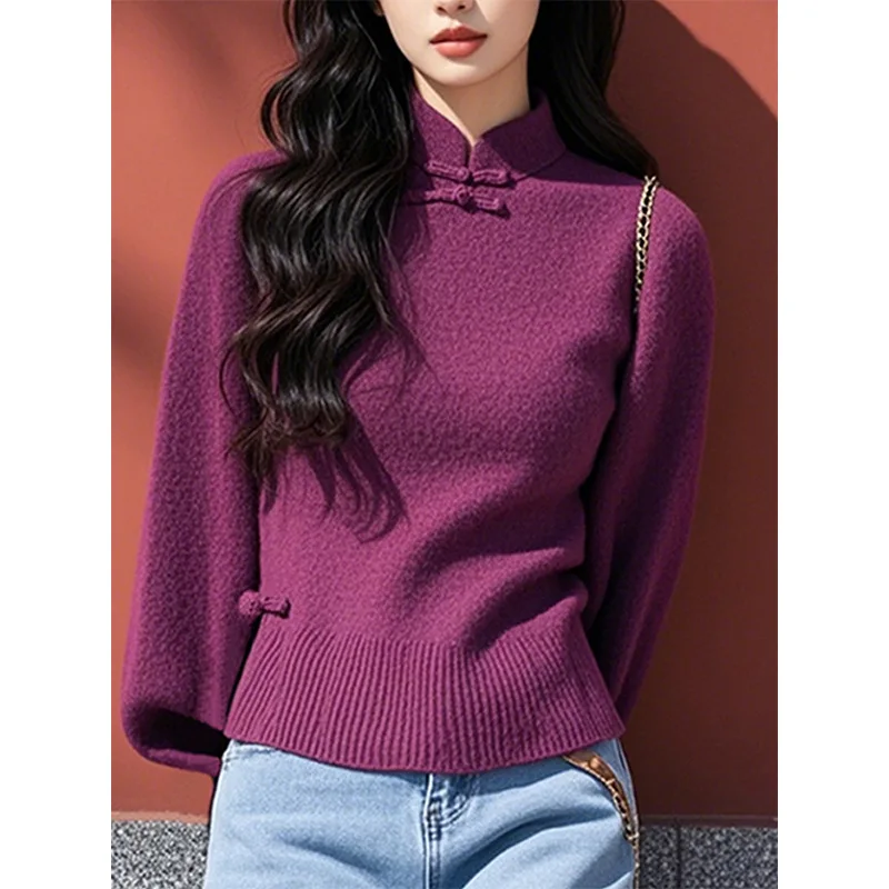 Boweylun-女性のための中国風ディスクバックルカラーセーター、女性のためのレトロなプルオーバー、紫、秋と冬、新しい