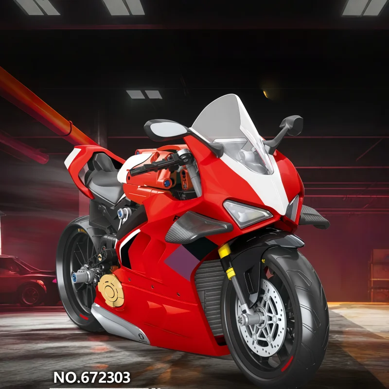 

Red racing track motorcycle building blocks, high-precision 1:8 scale technology motorcycle model, comes with a display base, bu