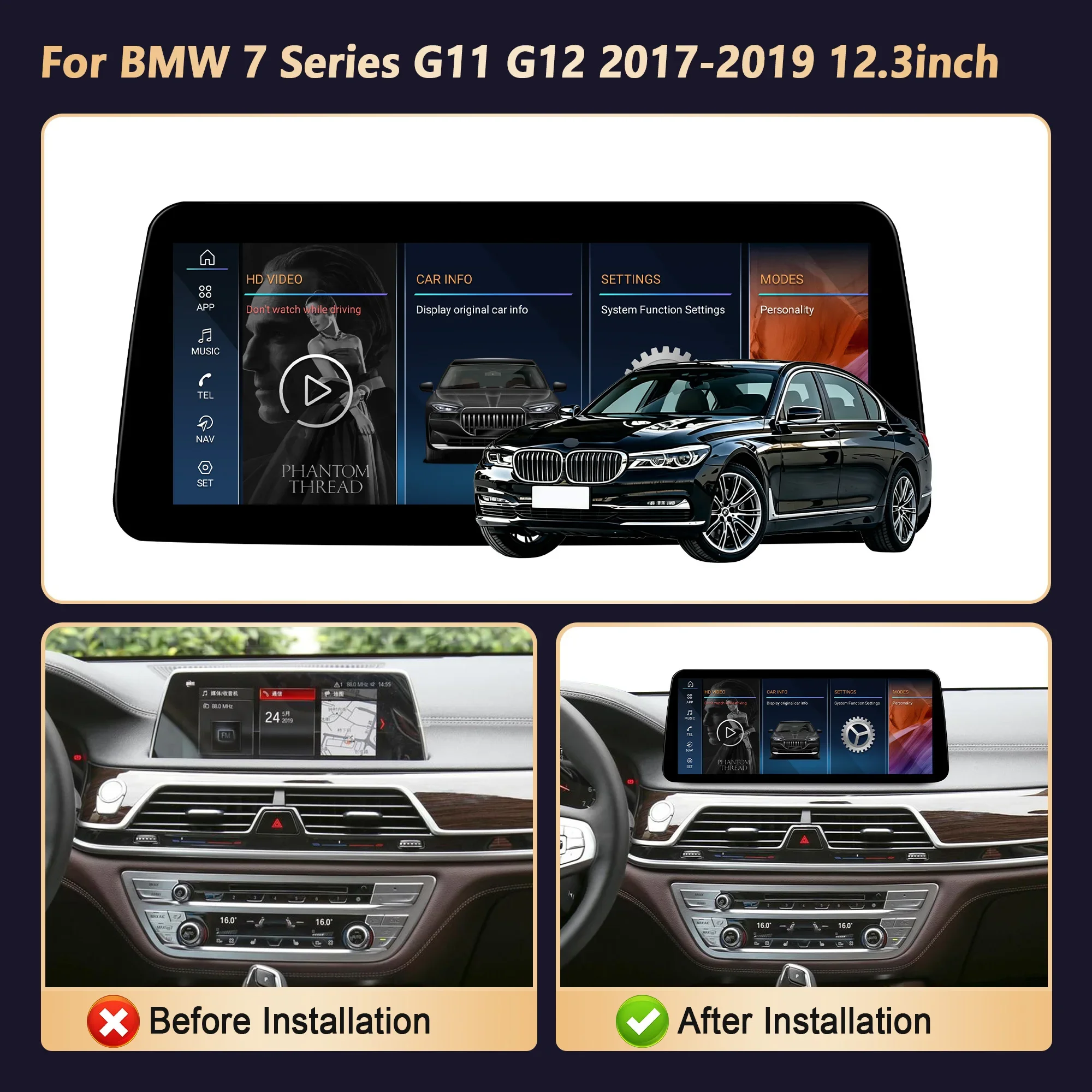 12.3 inch Android 14 For BMW 7 Series G11 G12 2017-2019 Car Radio 4G GPS Wireless Carplay Snapdragon 680 Screen