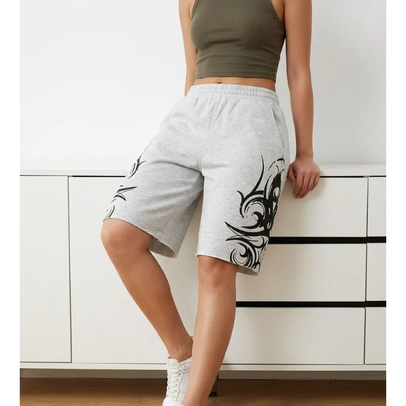 Light gray Y2K retro thorn print loose one-fifth shorts - retro subculture street sports pants with drawstring waist