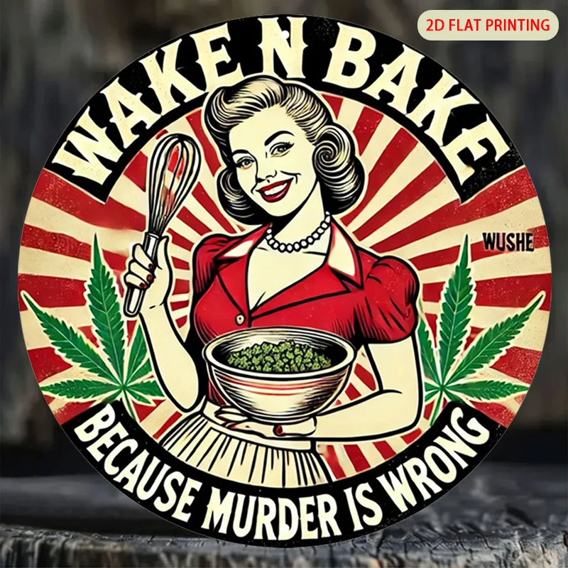 2D Flat 1pc Woken Bake Wall Art, Cannabis Humor Metal Plaque, Retro Style Sign, Suitable for Home, Garage, Restaurant, Cafe Wall