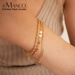 EManco Three Layered Coin Chain Cuban Chain Twist Chain Bracelet Stainless Steel Gold Plated Women Body Fashion Jewelry