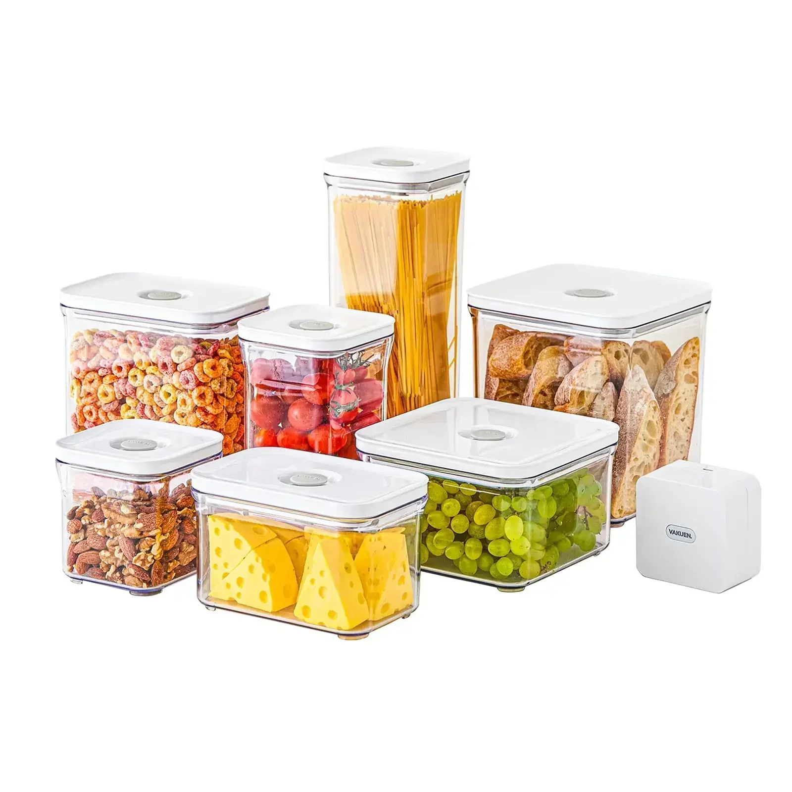 Contenedores herméticos premium para almacenamiento de alimentos Mega 8P/Set. Envases y sellador al vacío de 7 piezas. Tapa inteligente con sello de un solo clic, doble patentado