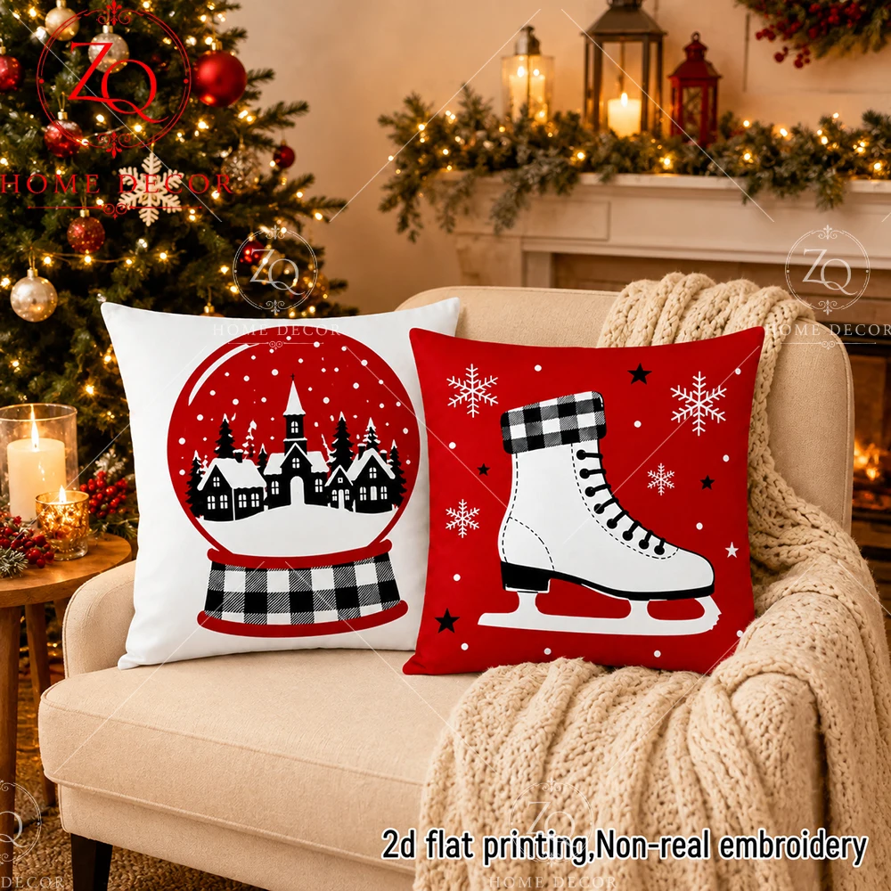 Christmas Throw Pillow Covers Buffalo Plaid Snow Globe Ice Skate Xmas Decor Pillowcases For Sofa Couch  Bedroom