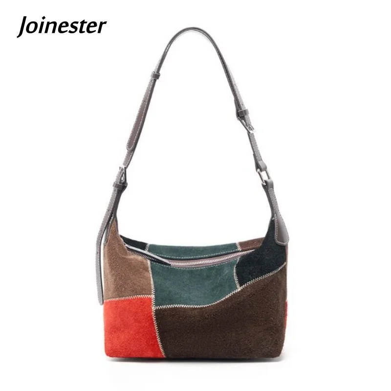 

Сумка на плечо из нубука с цветными вставками, повседневная сумка-багет из замши и кожи, универсальная женская сумка