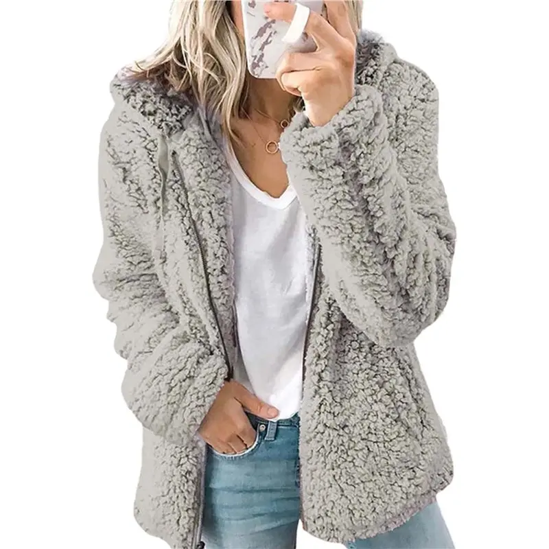 CYL-Giacca calda leggera da donna con cappuccio Plzip Up Cappotto invernale in pile con tasche