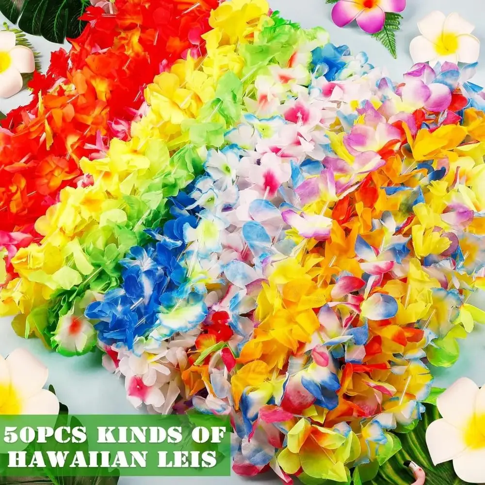 

24/50/100Pcs Colorful Hawaiian Leis Artificial Vibrant Silk Flower Necklace Reusable Beach Holiday Tropical Theme Leis