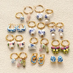 Fashion Blue and White Porcelain Asymmetric Drop Earrings Vintage Ceramic Round Stainless Steel Hoop Earring Exquisite Jewelry