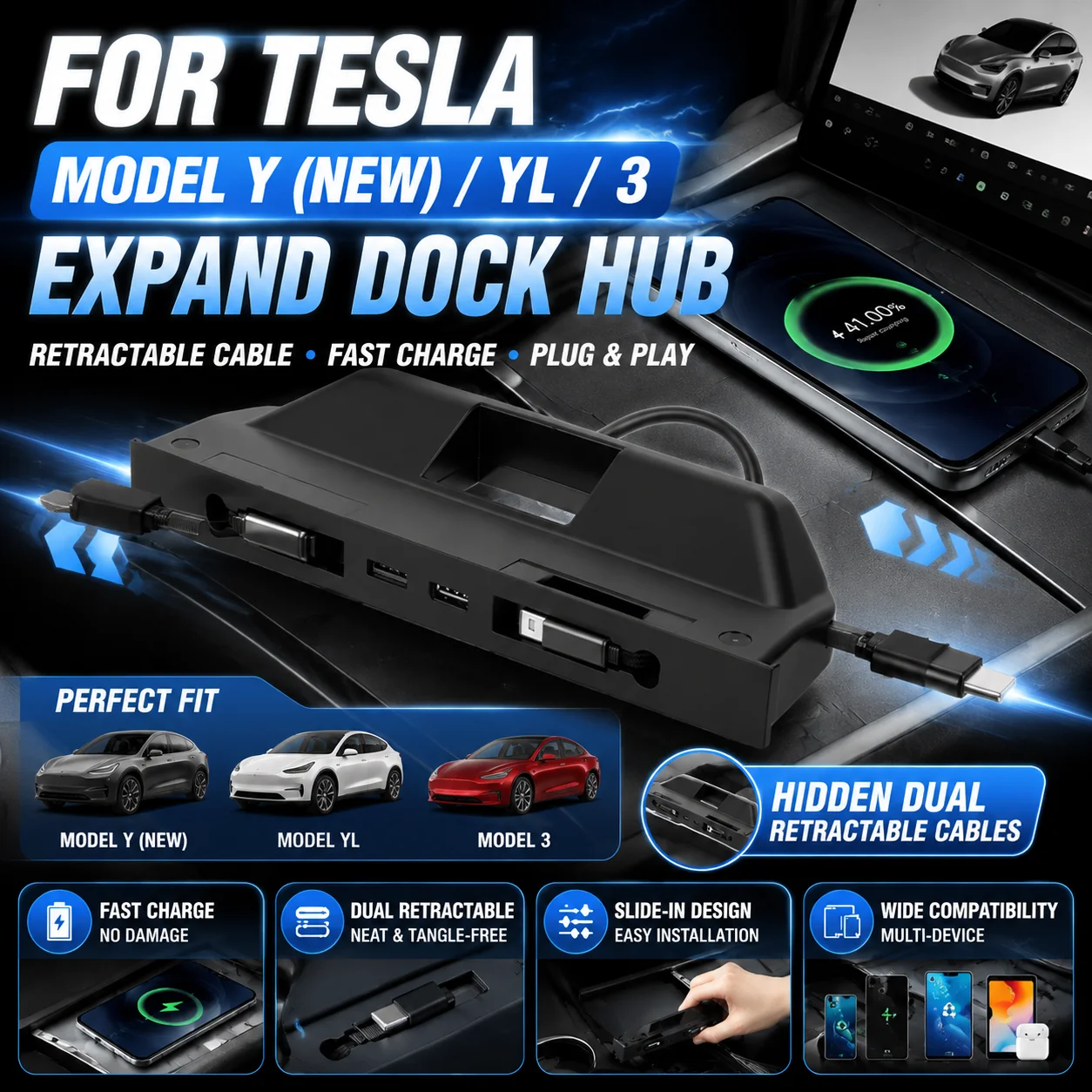 Center Console Expansion Dock Hub For Tesla Model 3/Y Hidden Dual Retractable Cables Fast Charging Multi-Port USB Expansion Dock