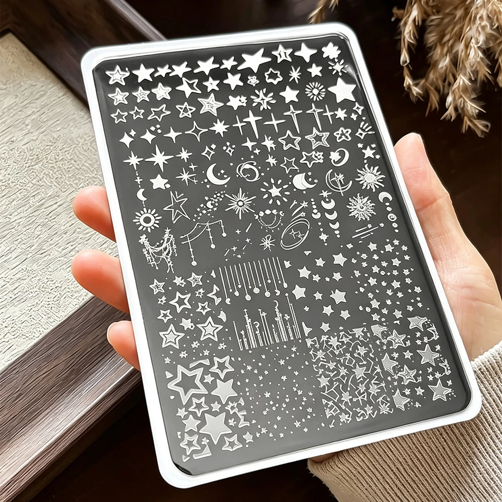 1 Stück Y2k Stern Mond Kreuz Sternenlicht Nagelkunst Transferdruck Stahlplatte 15*10cm Bohemia Stern Sonne Pentagramm Nagelstempelplatte – Detail 4