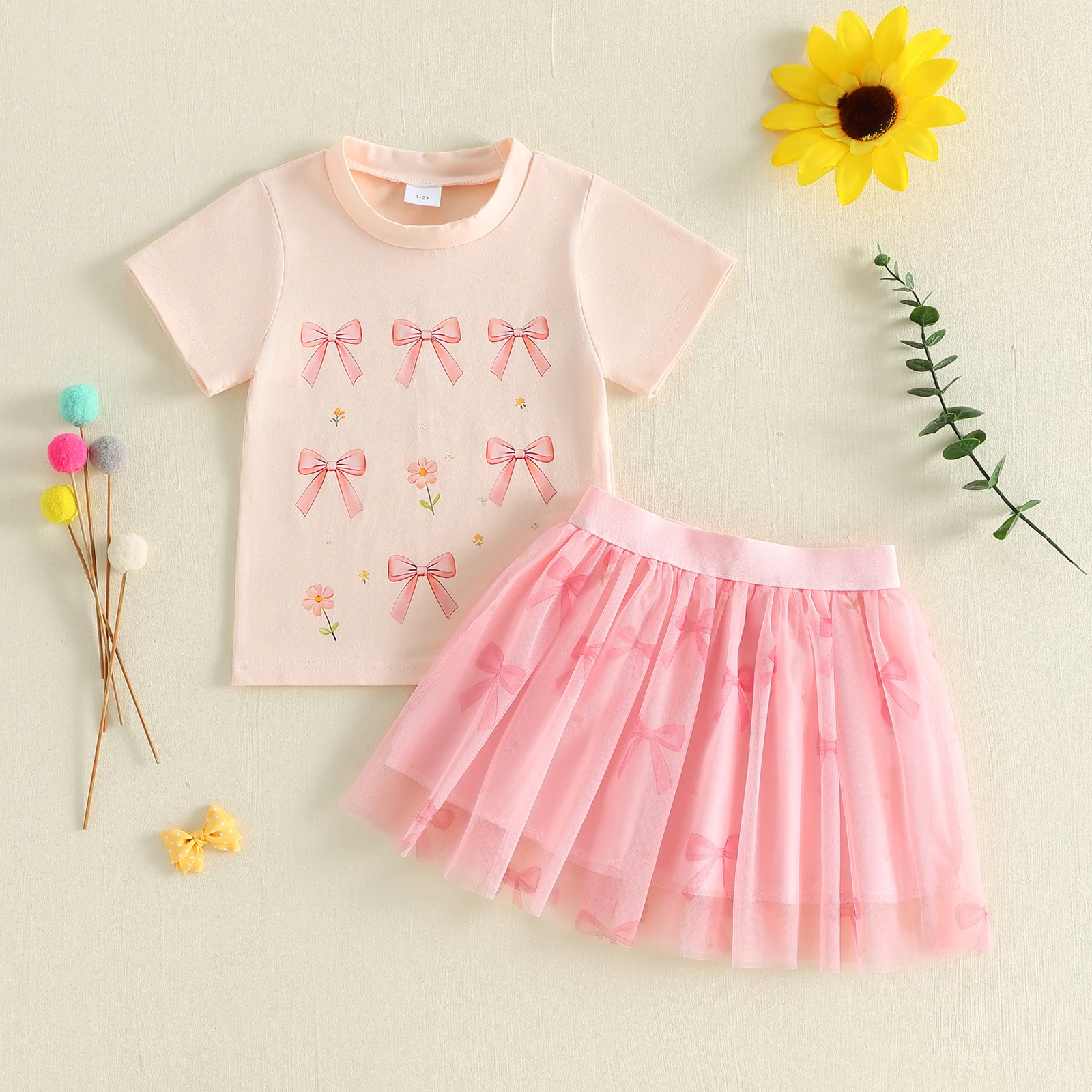 1-7Y Kids Girl Summer Outfits Bowknot Flower Print Crew Neck Short Sleeve Tops Elastic Waist Skirts 2Pcs Clothes Set