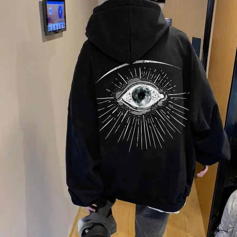 

Fashion Techwear Mens Streetwear Devil's Eye Print Hoodies Couple Style Y2K Vintage Black Hoodie Men Oversized Style Sweatshirt