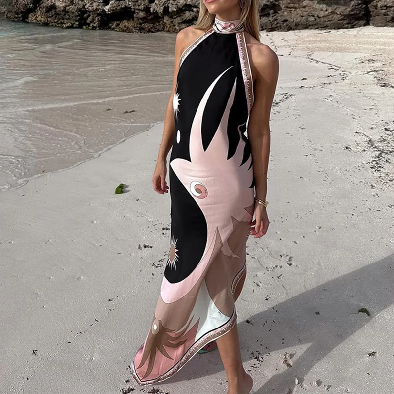 セクシーなサスペンダー不規則なプリントドレス夏の新しい背中の開いたノースリーブパーティードレスヴィンテージサテンスリム休暇ワンピースローブ