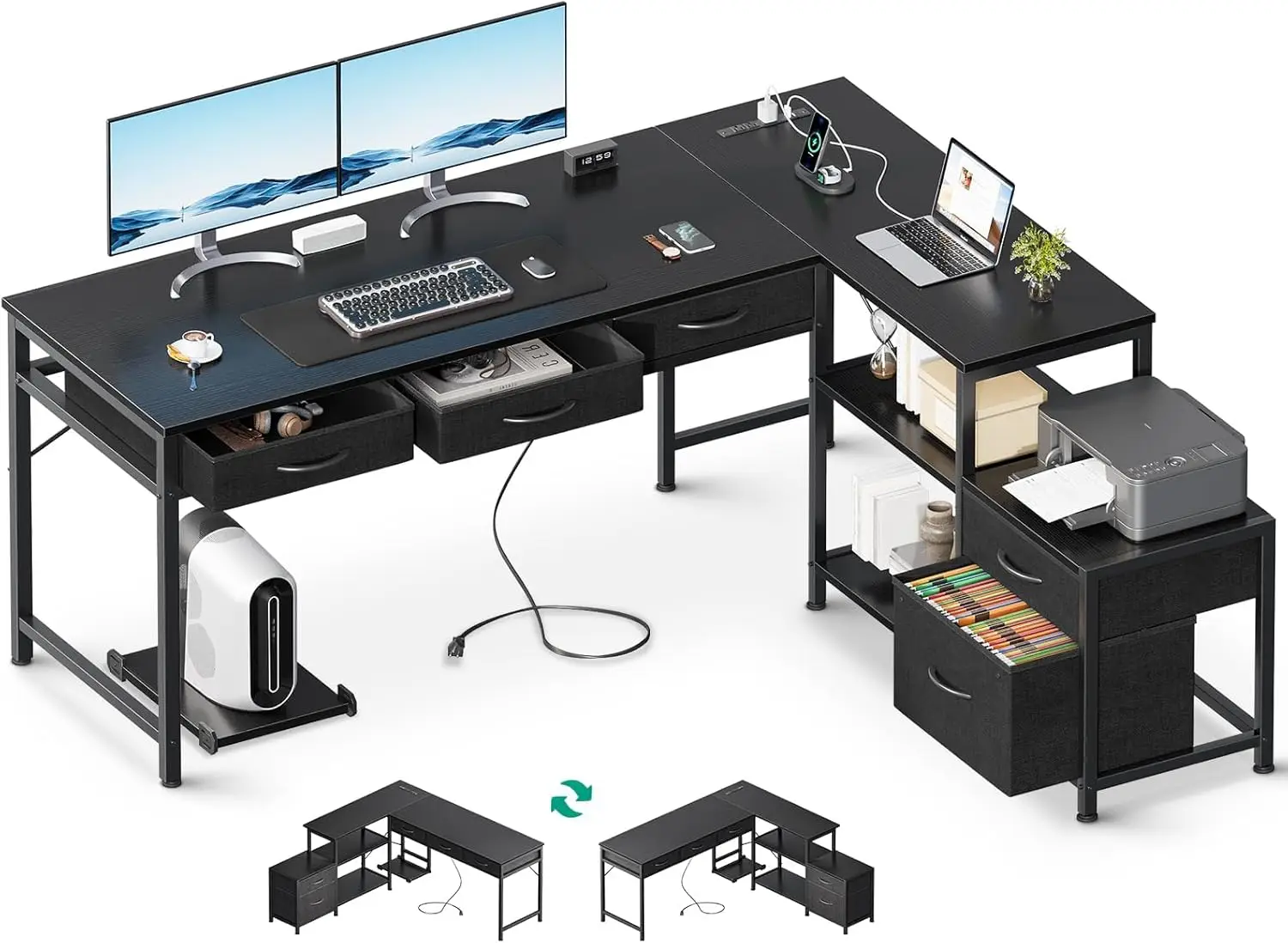 

L Shaped Computer Desk with Fabric Drawers and File Cabinet, 61" Reversible Home Office Workstation Desk , Black