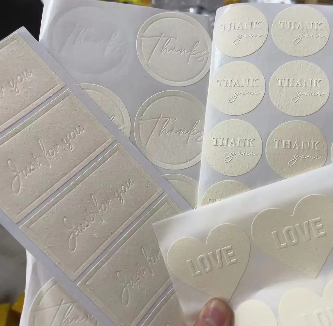 Customized 3D matte cotton paper texture stickers with environmentally friendly embossed logos for exquisite gift packaging