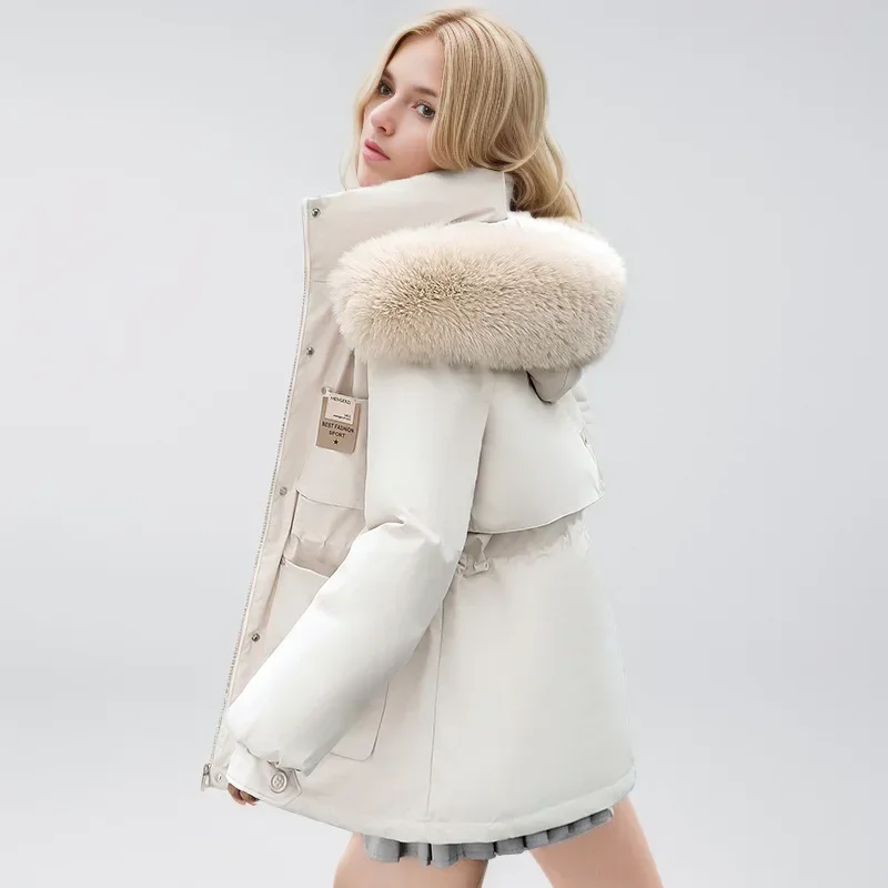 2024 New Winter Woman Parka Jacket Thick Warm Cinched Waist Hooded Large Fur Collar Snow Wear Female Down Cotton Padded Coat