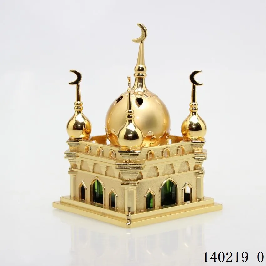 Mirror-polished titanium alloy ornament, 3D laser internal engraving double minarets Muslim housewarming metal tabletop decor