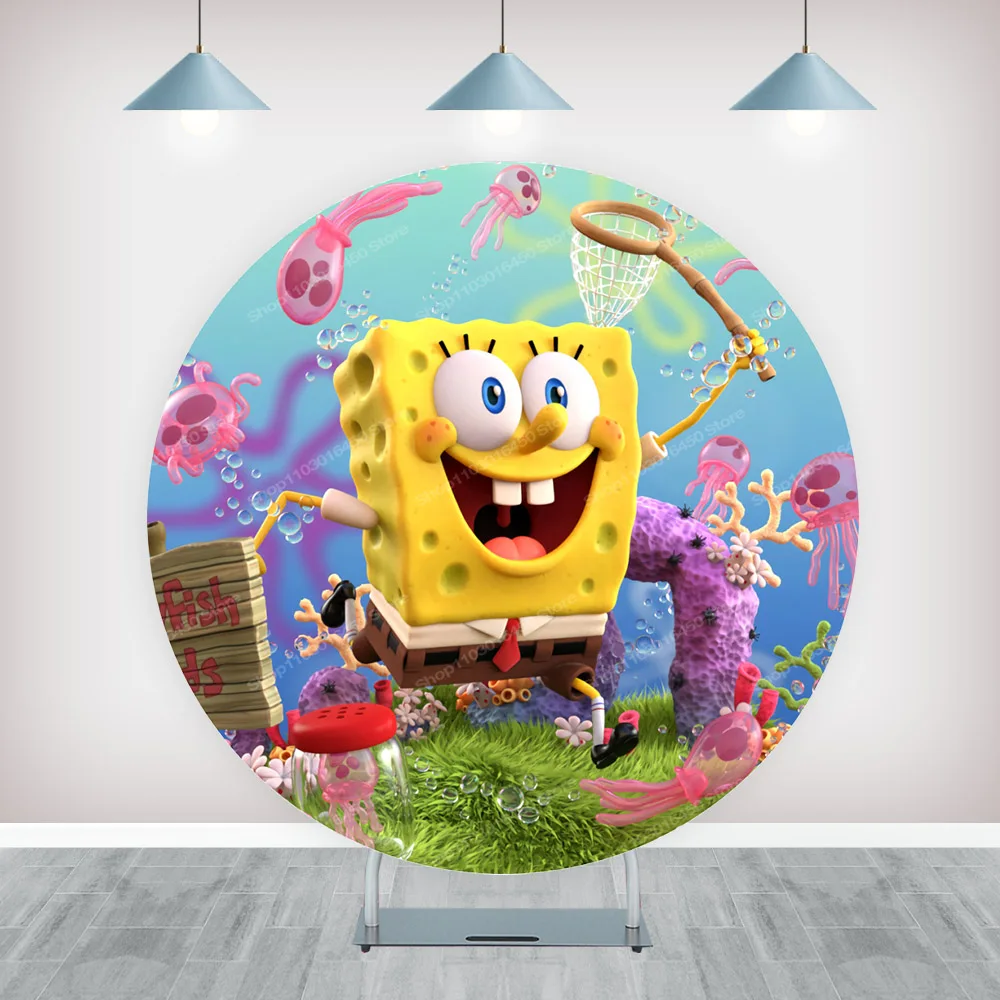 خلفية SpongeBob الدائرية للأطفال ، مخصصة ، التصوير الفوتوغرافي لحفلة عيد الميلاد الأول ، خلفية دائرية ، غطاء لافتة ، ديكور الشكل الدائري