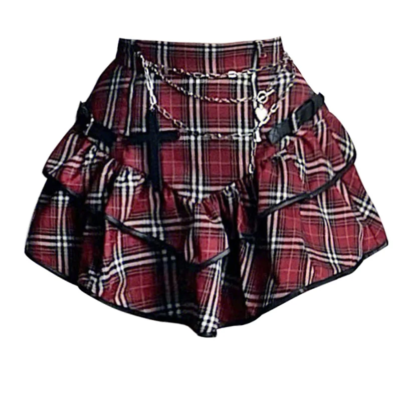 

AltGoth Punk Gothic Red Plaid Skirt Women Vintage Y2k High Waist Cake Skirt Harajuku Fairycore
