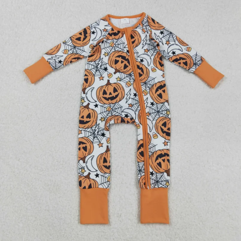 

LR2528 Infant Kids Pumpkin Candy Web Print Jumpsuits Baby Boys Halloween Zipper Sleeper Romper