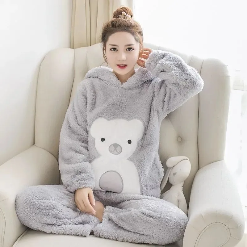 Pajamas Female Winter Coral Velvet Sleepwear Thickened Student Korean Nigthgown Cute Girls Hooded Plush Women Loungewear Set